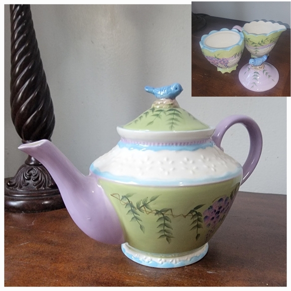 Home Interiors Other - Wisteria Ivory Purple Lavender Green Teapot 🫖Wisteria Garden Sugar and Creamer